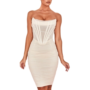 White mesh corset mini dress with fishbone structure and ruched bodycon skirt for women