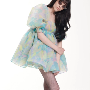Puffy sleeve floral mesh dress with vintage abstract print and macaron pastel colors