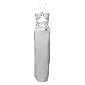 Elegant white maxi dress with 3D floral accents and cutout waist details for women