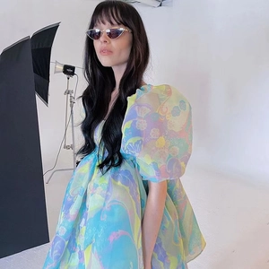Floral puff sleeve organza puff dress in vibrant pastel colors for vintage party style