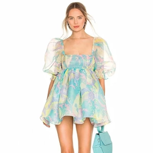 Floral puff sleeve organza dress with tiered skirt and colorful abstract vintage print