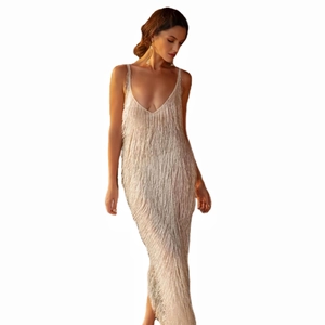 Elegant champagne gold sequin tassel long dress with a deep V-neck and backless party design