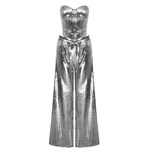 Sparkly silver sequin two-piece set featuring a strapless tube top and wide leg pants
