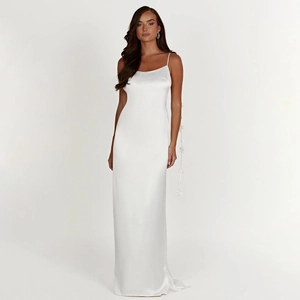 Elegant white satin maxi dress with thin straps and a slim fit for formal occasions