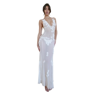 Deep V-neck white mesh maxi dress with 3D floral appliques and backless design