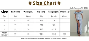 Detailed size chart for off-shoulder evening dress featuring ruffles and high slit