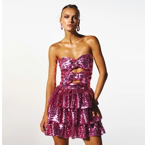 Abito Mini da Donna Sexy con Paillettes Senza Spalline Festa Fiocco Intaglio Gonna a Balze Magenta Rosa Clubwear