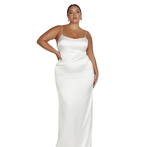 Elegant white satin maxi dress with thin straps and backless design for women