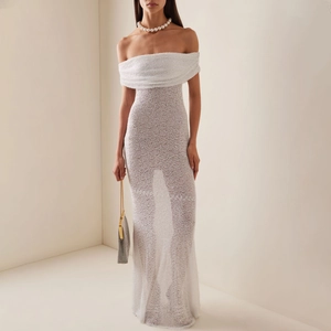 Robe Longue Sexy à Épaules Dénudées et Paillettes pour Femmes Coupe Ajustée Sans Manches Robe de Soirée Mariage Blanc Élégant