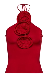 Close-up of a red halter neck top featuring three handcrafted 3D fabric rose flowers