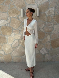 Detail of white crochet knit two-piece set featuring hollow texture and tie-up cardigan