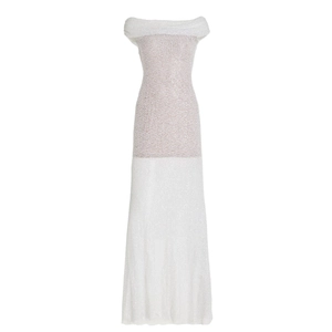 Robe de soirée élégante blanche à épaules dénudées avec sequins et coupe ajustée