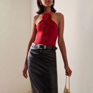 Sexy Red Halter Neck 3D Rose Flower Backless Satin Tank Top For Women Elegant Party Banquet Slim Fit Sleeveless Cami Shirt
