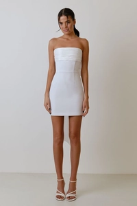 Detail of white strapless mini dress with pleated bust and cinched waist design