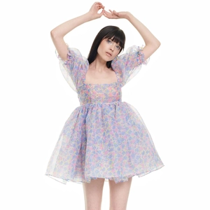 Vintage Palace Style Organza Floral Dress Sweet Square Neck Puff Sleeve High Waist Tiered Mini Dress Women Retro Princess Dress