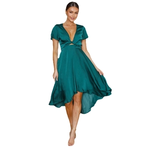Elegant emerald green high-low satin dress with front cutout and tie waist details
