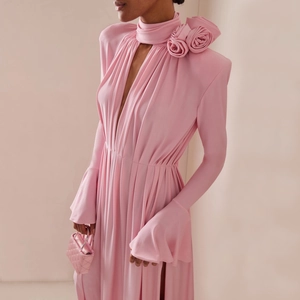 Elegant Pink Dimensional Flower Evening Dress Cutout Deep V Halter Bell Sleeve High Slit Pleated Maxi Dress For Wedding Party