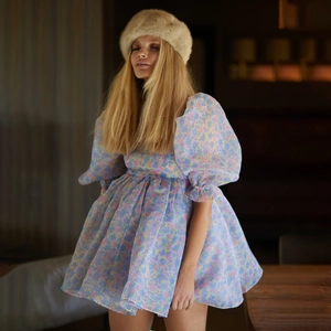 Vintage floral mesh puff dress with bubble sleeves and a sweet layered skirt design