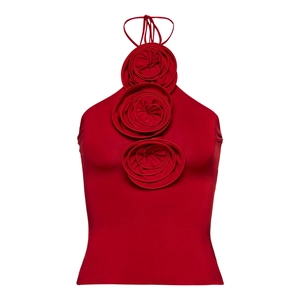 Slim fit halter top in dark red featuring three 3D handmade fabric roses on the front