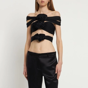 Haut Court Sexy Pour Femmes Épaules Dénudées Fleur de Rose 3D Ajouré Sans Bretelles Coupe Ajustée Mode Fête Club Noir