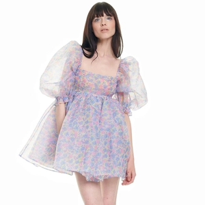 Floral puff sleeve mini dress with square neck and vintage style tiered mesh skirt