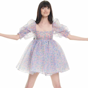 Floral puff sleeve mini dress with square neck and vintage tiered mesh skirt