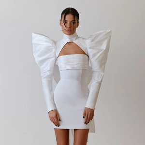 Avant-garde white bodycon dress featuring oversized bubble sleeves and halter neckline