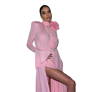 Elegant pink long sleeve evening gown with high collar, 3D rose decor, and high slit design