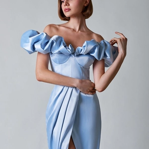 Women Off-Shoulder Satin Maxi Dress Elegant Ruffle Slit Evening Gown For Wedding Guest Formal Party Wear Solid Color