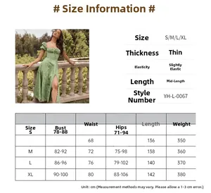 Detailed size chart for puff sleeve square neck midi dress with slit, sizes S to XL