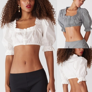 Femme Sexy Crop Top Vintage Manches Bouffantes Col Carré Blouse à Volants Style Français Gingham Blanc Chemise Boutons