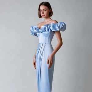 Light blue off-the-shoulder evening dress in satin with puff sleeves and side slit