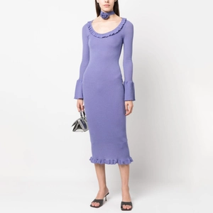 Robe Midi en Maille Élégante Française Femmes Bleu Violet Manches Évasées Côtelée Coupe Ajustée Manches Longues