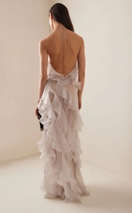 Detail of light purple backless halter dress with cascading ruffles and tie-back closure