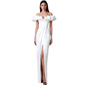 Elegant white off-shoulder evening gown with ruffled neckline and side high slit detail