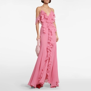 Women Sexy Deep V Neck Halter Ruffle Maxi Dress Elegant Backless Pink Chiffon Evening Party Dress For Lady Wedding Banquet