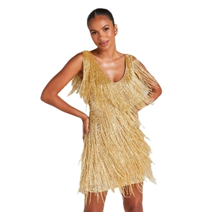 Mini robe dorée à sequins et franges avec col en V sans manches pour soirée festive