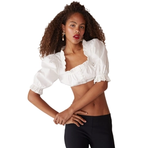 Crop top blanc à manches bouffantes avec col carré et boutons au style rétro français