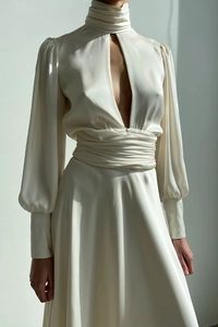 Detail of high collar, deep V-neckline and puffed sleeves on cream satin evening gown