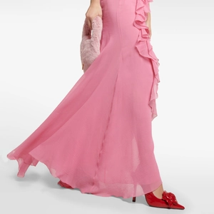 Elegant pink deep V neck halter dress with side ruffles and high slit long skirt for women