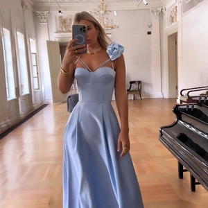 Abito Midi in Raso Elegante Francese Con Corsetto a Fiori 3D Spalline Sottili Sexy Linea ad A Vestito da Sera Donna