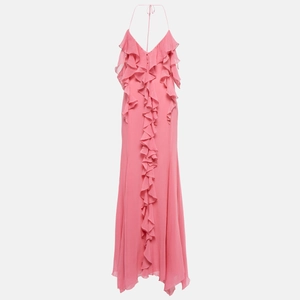 Pink ruffled halter maxi dress with deep V-neck and tiered flounce details on white background