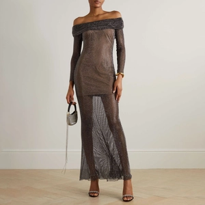 Vestito Lungo a Rete Glitterata con Scollo a Barca Manica Lunga Sexy Trasparente Strass Abito da Sera per Donna Festa Matrimonio
