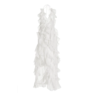 White halter neck maxi dress with layered ruffles and sheer chiffon fabric for summer