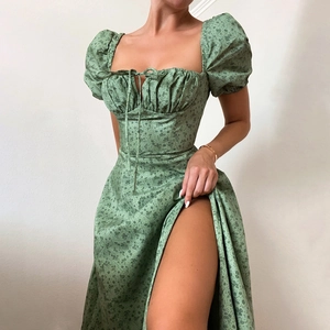 Green floral puff sleeve midi dress with square neck, drawstring detail and side slit