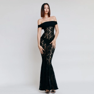 Robe Longue de Soirée Sexy pour Femmes en Dentelle Noire Florale Col Bateau Forme Sirène Sans Manches Coupe Ajustée