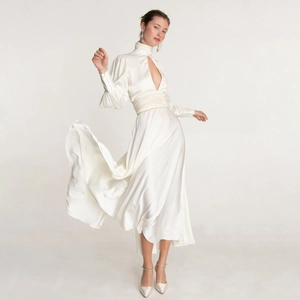 Elegant White Satin Backless Maxi Dress For Women Sexy High Neck Puff Sleeve Hollow Out Pleated Wedding Party Evening Dress
