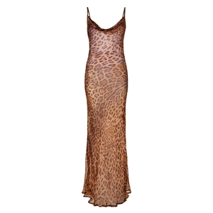 Abito lungo sexy con stampa leopardata, schiena scoperta, spalline sottili e scollo a cappuccio