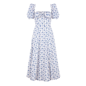 Floral puff sleeve square neck midi dress with tie detail and slit in rustic style