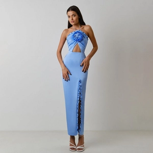 Femmes Élégante Cou Halter Fleur 3D Découpe Robe Maxi Haute Fente Volant Satin Fête Robe de Soirée Occasion Spéciale